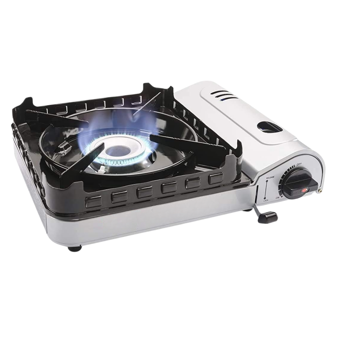 Portable Single-Burner Butane Camp Stove with 4 Fuel Canisters