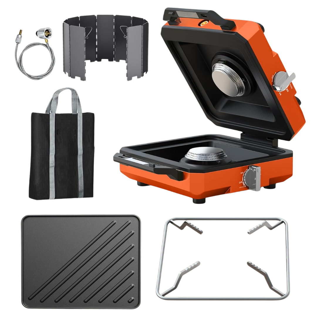 Portable 2-Burner Propane Camping Stove with Windshield & Carry Bag