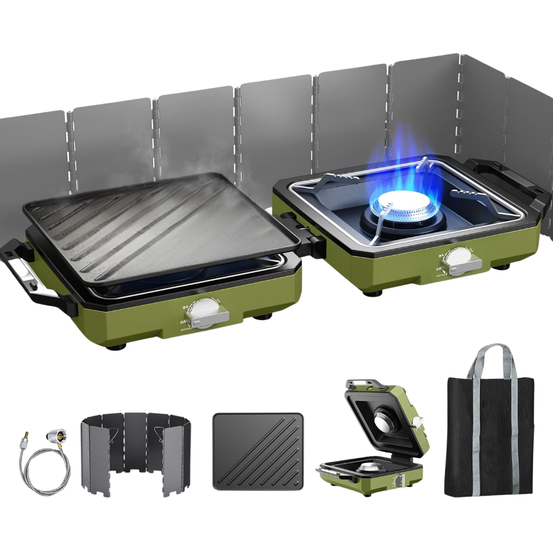 Portable 2-Burner Propane Camping Stove with Windshield & Carry Bag